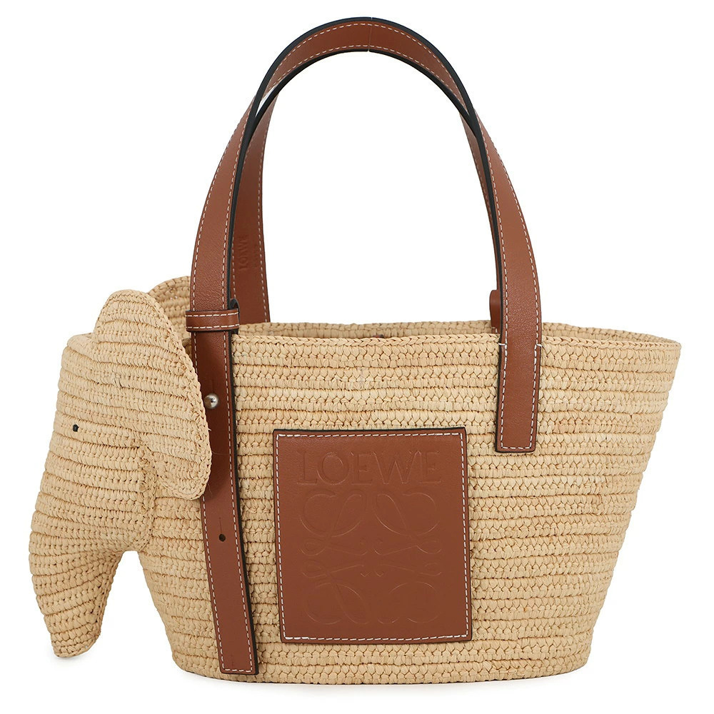 Loewe Elephant Basket Bag Raffia Leather Top Handle Bag Tan
